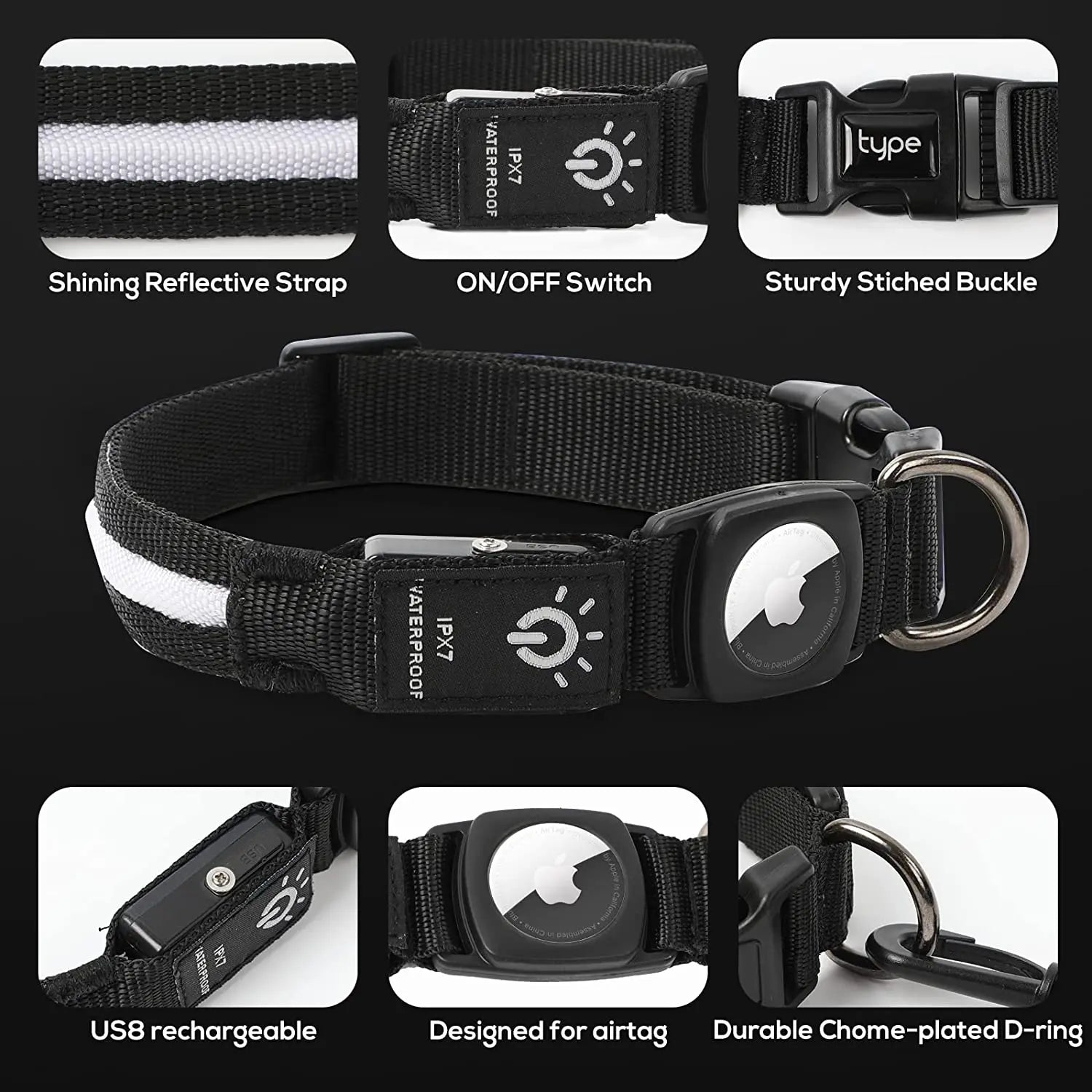 Rufus and Rusty Waterproof Apple Airtag Dog Collar with chargeable USB Light